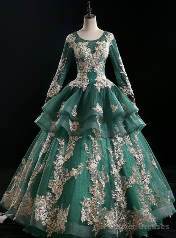 Online Store Dark Green Ball Gown Tulle Long Sleeve Appliques Quinceanera Dress Main image
