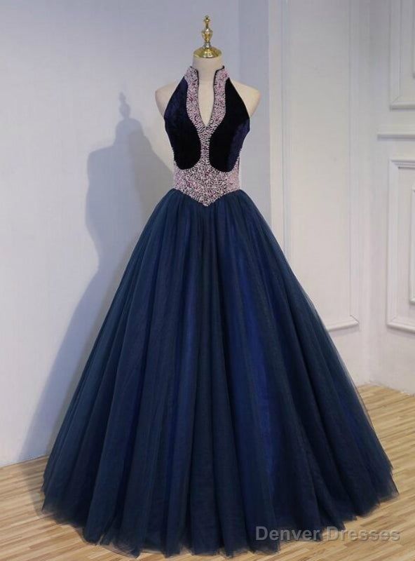 Online Store Navy Blue Ball Gown Tulle Velvet V-neck Pearls Quinceanera Dress Main image
