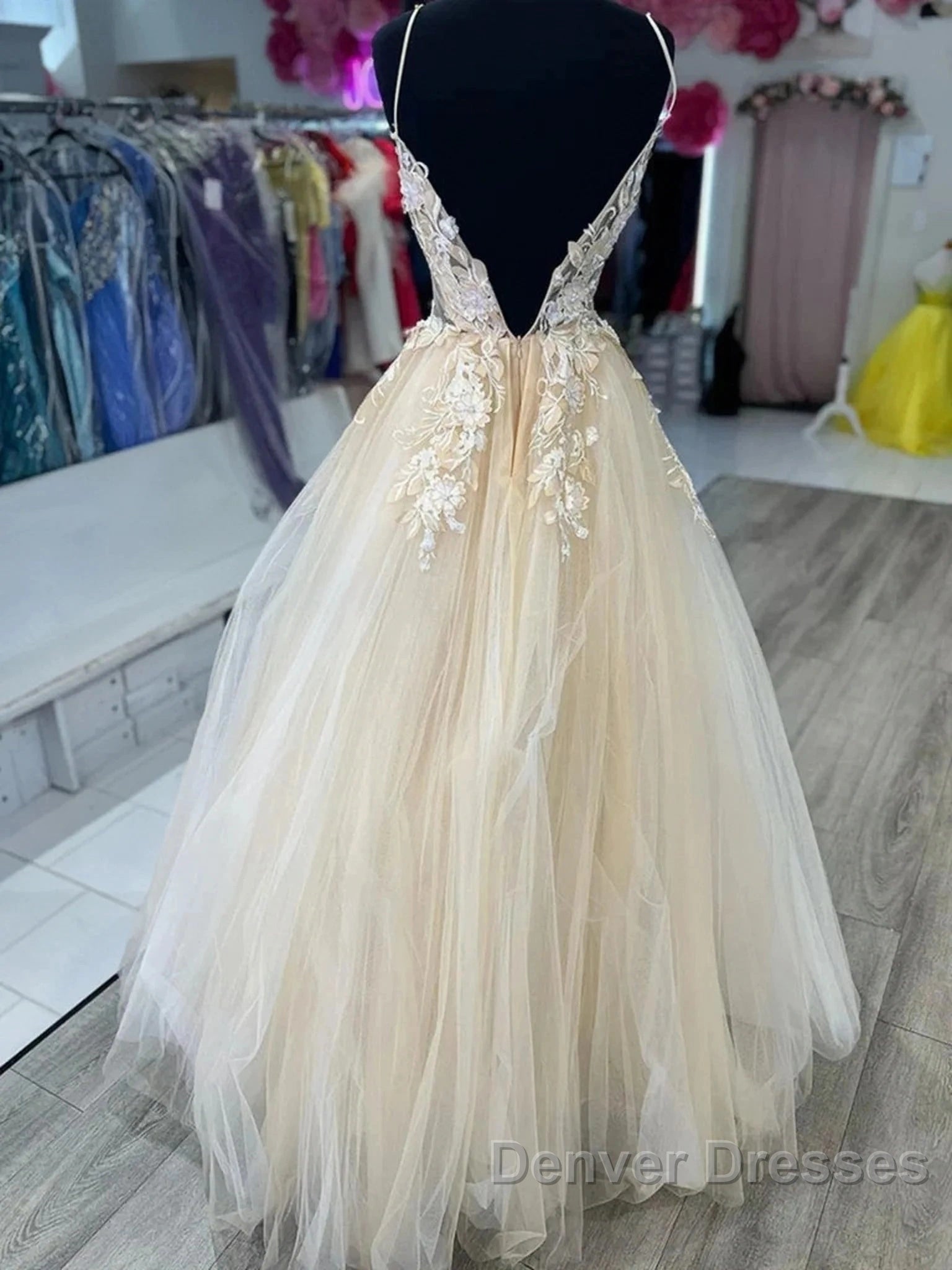 Open Back Appliques A Line V Neck Champagne Prom Dress Secondary image