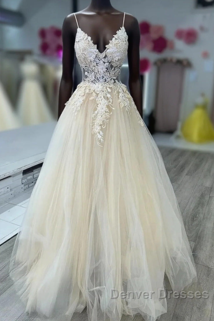 Open Back Appliques A Line V Neck Champagne Prom Dress Main image