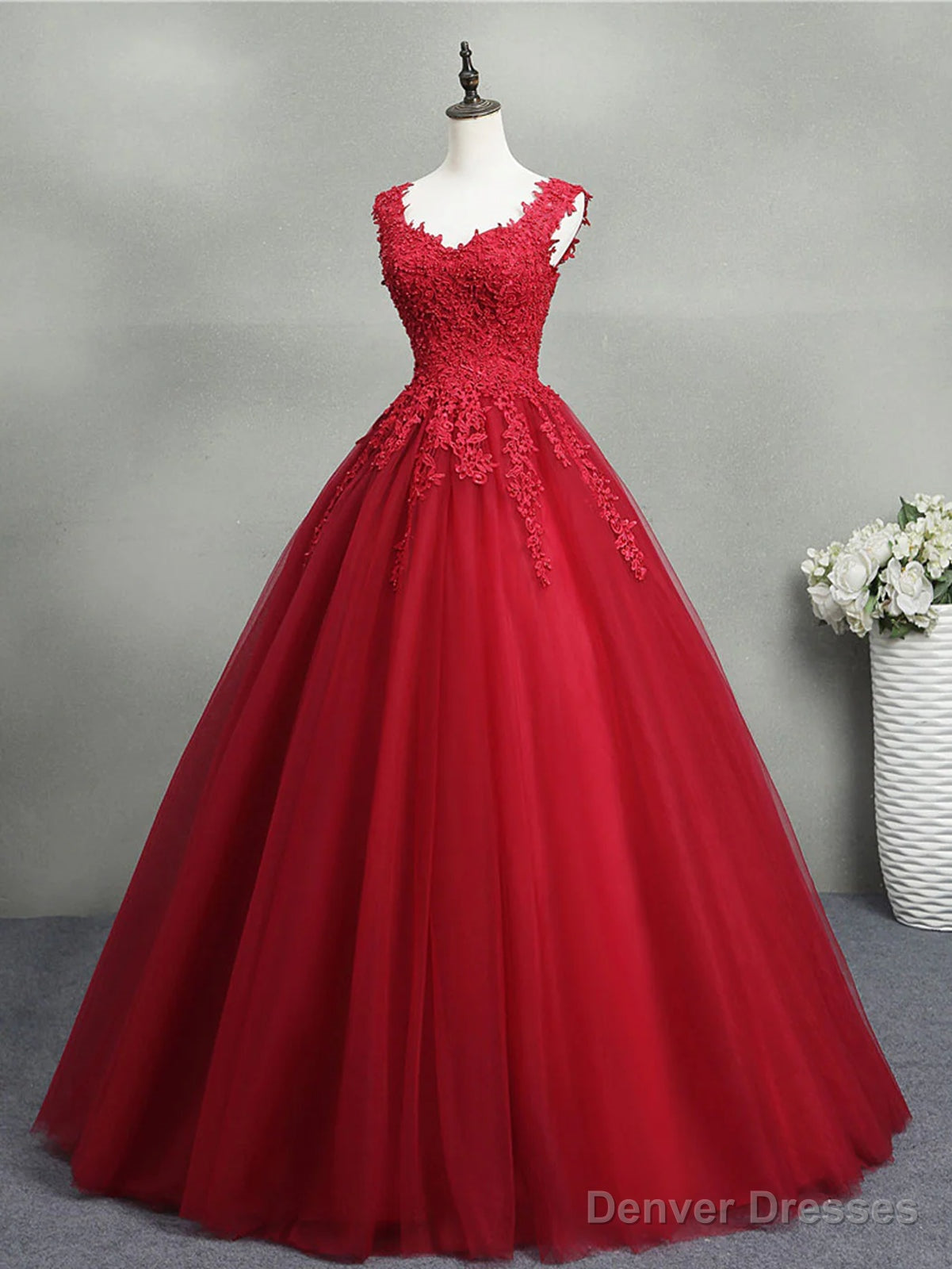 Open Back Burgundy Lace Tulle Long Prom Dresses, Burgundy Lace Formal Evening Dresses Main image