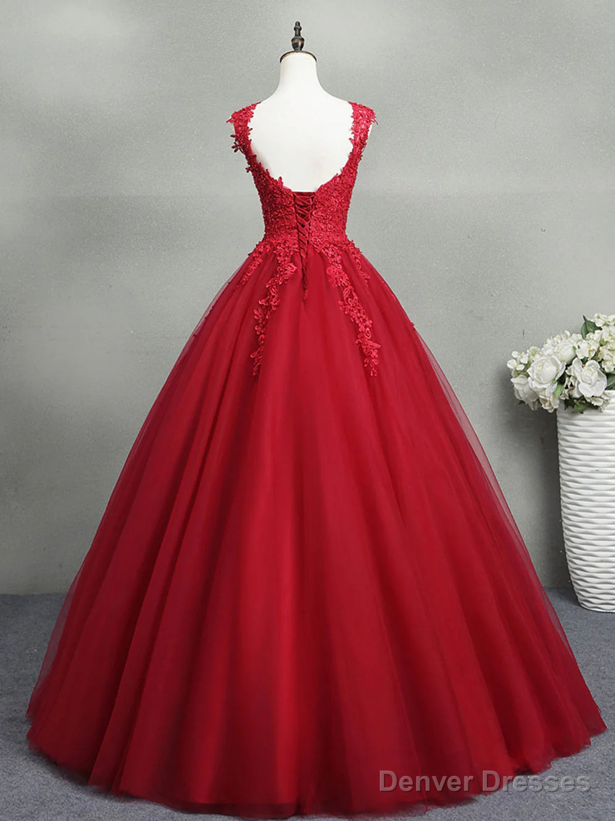 Open Back Burgundy Lace Tulle Long Prom Dresses, Burgundy Lace Formal Evening Dresses