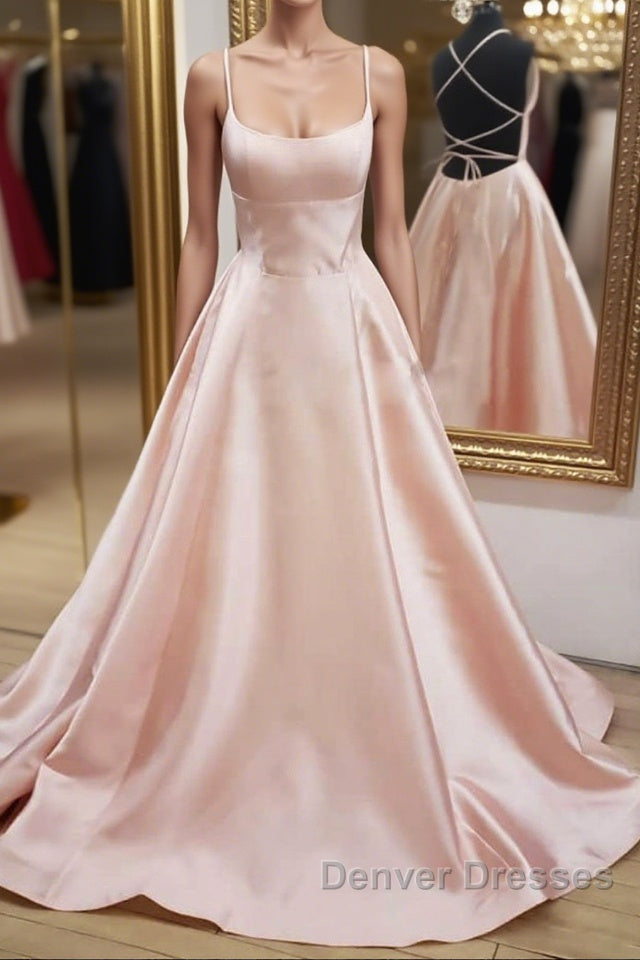Open Back Pink Satin Long Prom Dress, Backless Pink Satin Long Formal Evening Dress