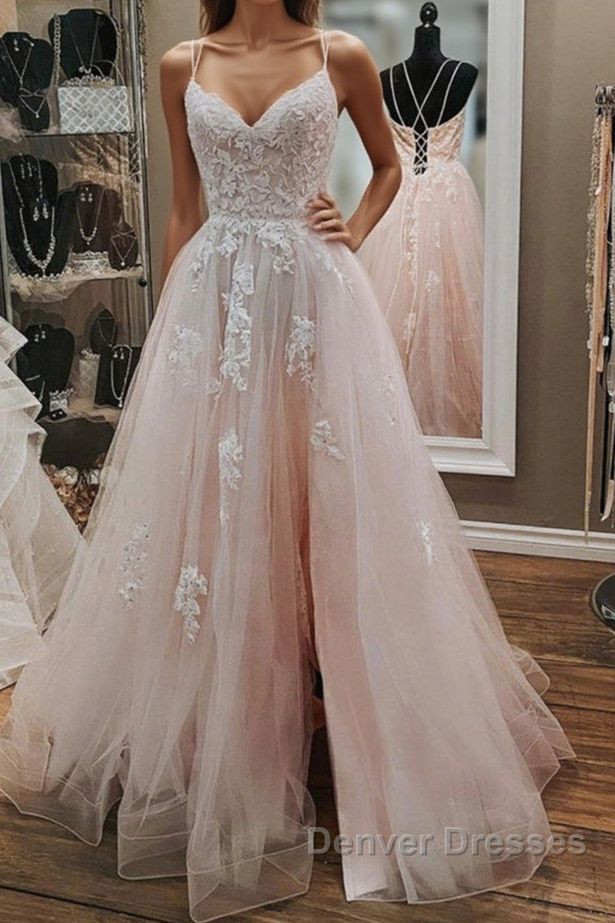 Open Back Pink Tulle Lace Long Prom Dress with Appliques, Pink Lace Formal Graduation Evening Dress Main image