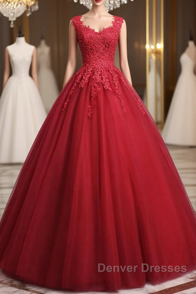 Open Back Red Lace Long Prom Dress, Red Lace Formal Evening Dress, Red Ball Gown Main image