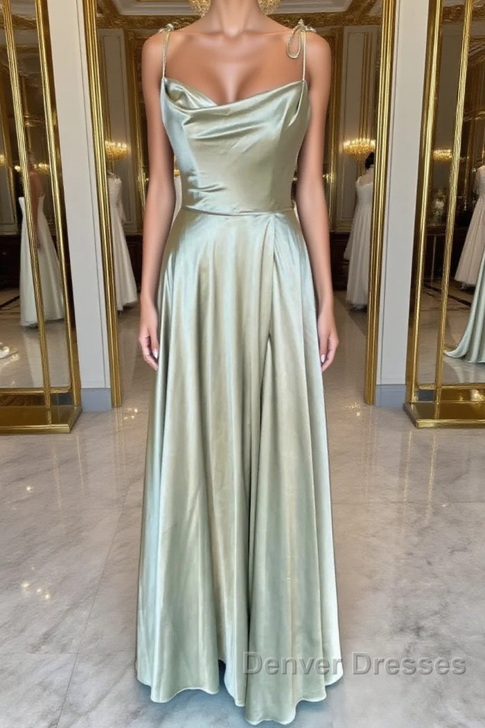 Open Back Sage Satin Long Prom Dress with High Slit, Long Sage Formal Graduation Evening Dress Main image