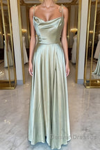 Open Back Sage Satin Long Prom Dress with High Slit, Long Sage Formal Graduation Evening Dress