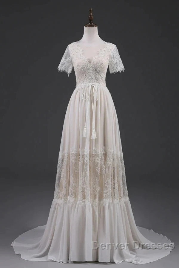 Open Back Short Sleeves V-Neck  Lace Beach Wedding Dress Secondary image