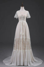 Open Back Short Sleeves V-Neck  Lace Beach Wedding Dress