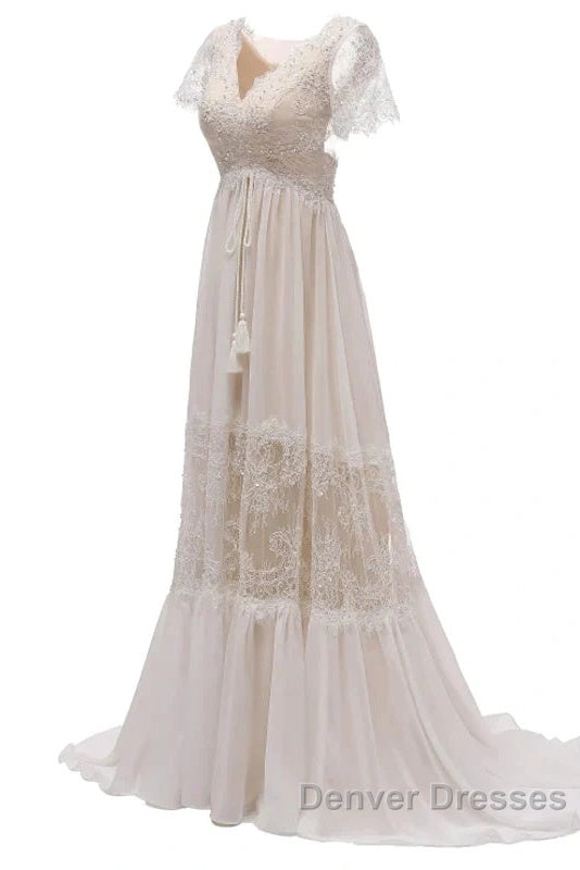 Open Back Short Sleeves V-Neck  Lace Beach Wedding Dress