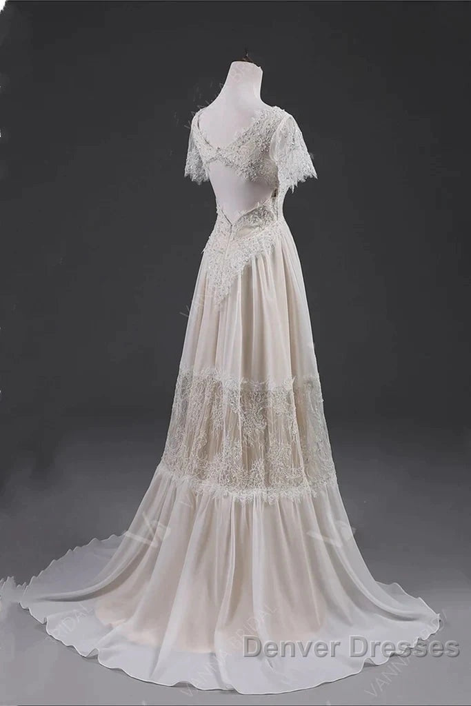 Open Back Short Sleeves V-Neck  Lace Beach Wedding Dress