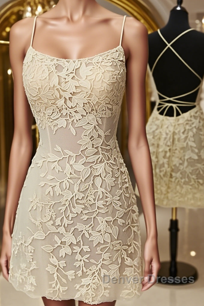 Open Back Short Yellow Lace Prom Dress, Short Backless Yellow Lace Formal Homecoming Dress