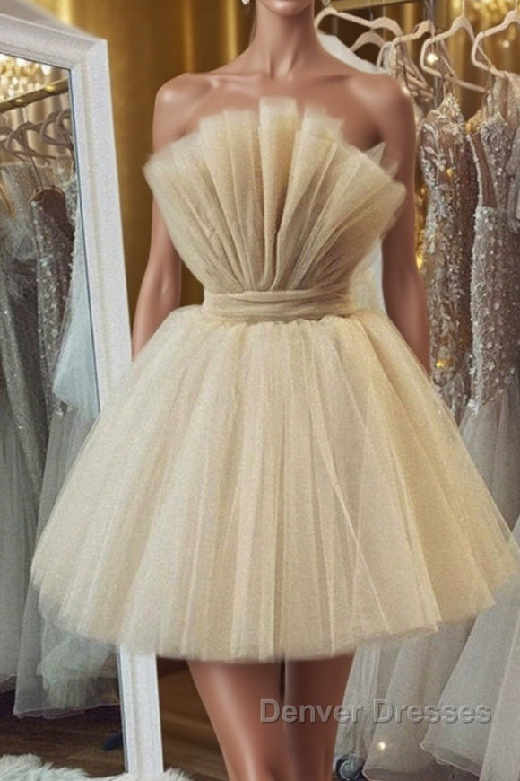 Open Back Strapless Champagne Tulle Short Prom Homecoming Dress, Strapless Champagne Formal Graduation Evening Dress Main image