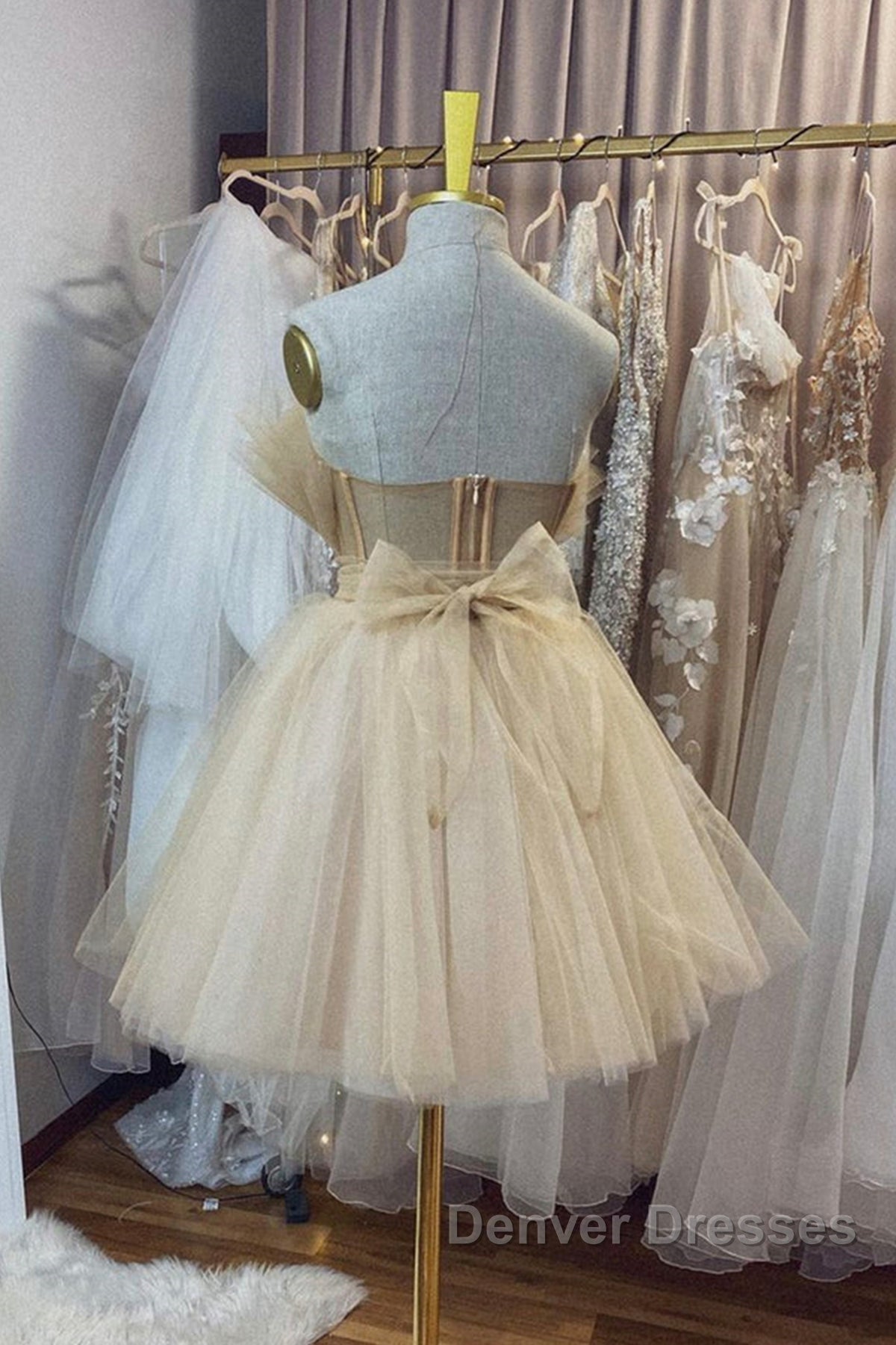 Open Back Strapless Champagne Tulle Short Prom Homecoming Dress, Strapless Champagne Formal Graduation Evening Dress Secondary image