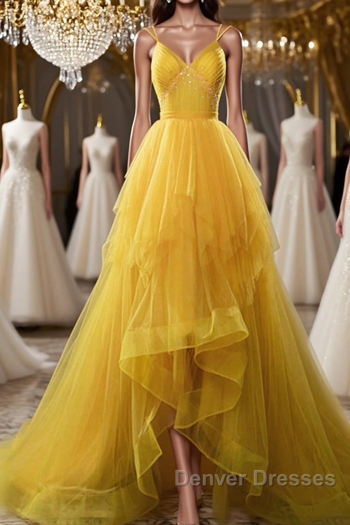 Open Back V Neck High Low Yellow Tulle Long Prom Dress, High Low Yellow Formal Evening Dress