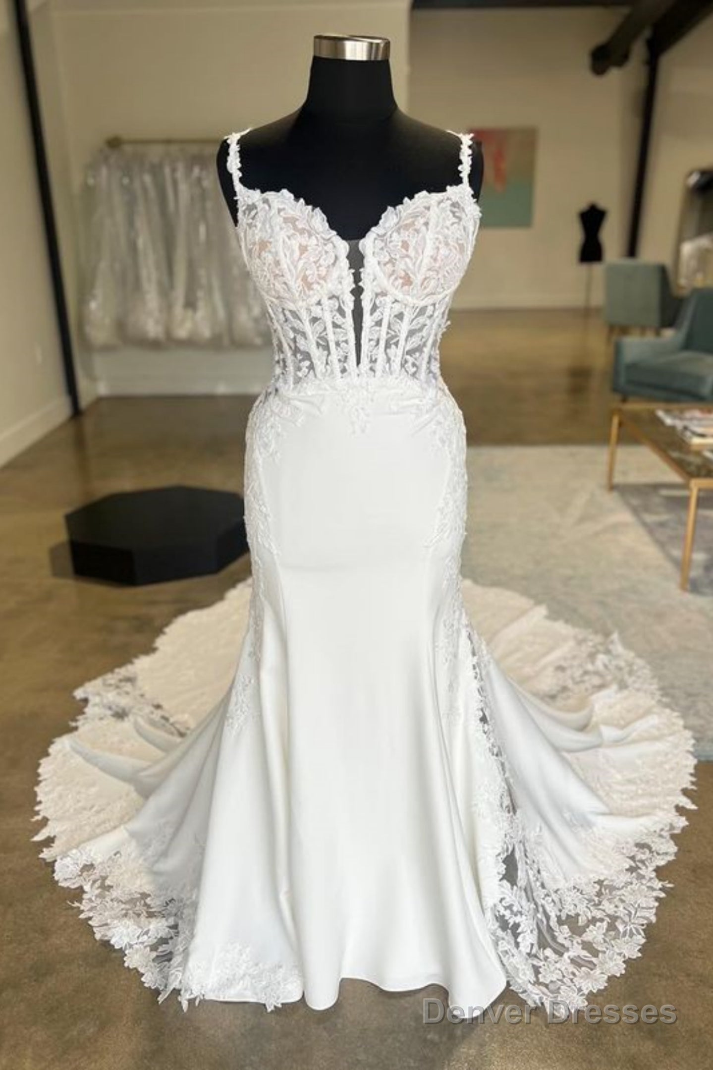 Open Back V Neck Mermaid White Lace Long Prom Dresses With Train, White Lace Wedding Dresses, White Formal Evening Dresses A2132 Main image