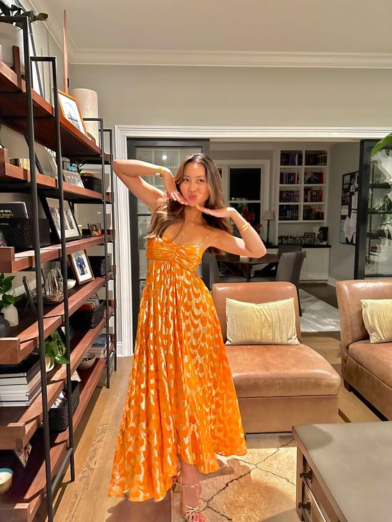 Orange A-Line Spaghetti Straps Chic Long Party Dress