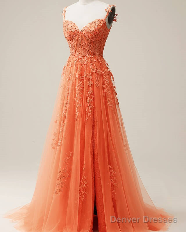 Orange A-Line Tulle Split Dress With Lace Appliques Secondary image