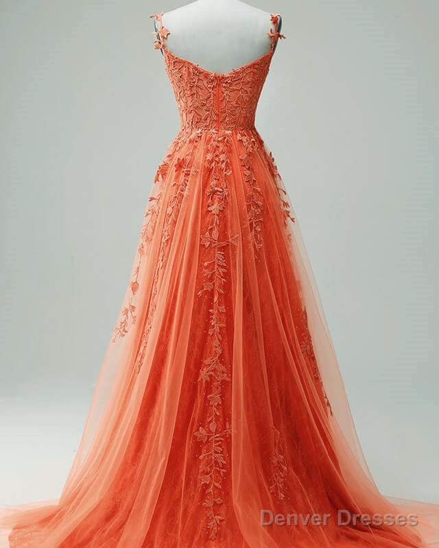 Orange A-Line Tulle Split Dress With Lace Appliques
