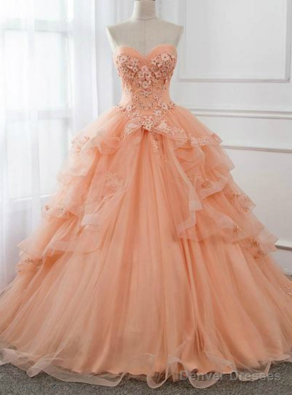 Orange Ball Gown Tulle Strapless Ruffles Long Sweet 16 Quinceanera Dresses Main image