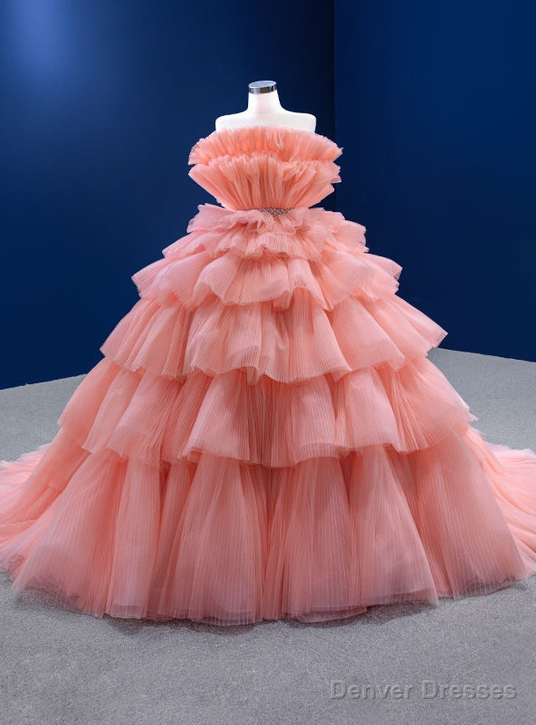 Orange Ball Gown Tulle Strapless Tiers Prom Dress Main image