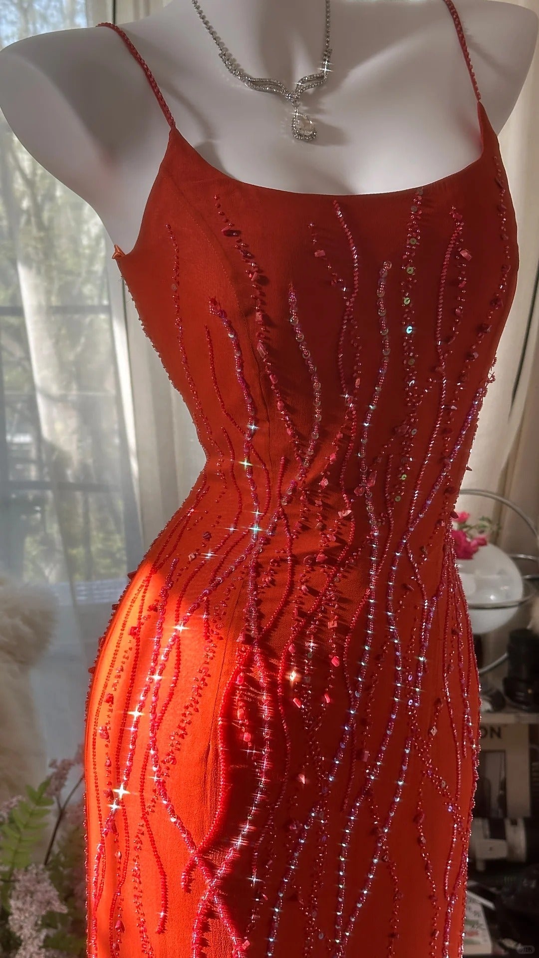 Orange Beautiful Charming Fashion Elegant Shiny Exquisite Beaded Long Chiffon Ball Gown Evening Gown Birthday Party Gown Prom Gown Graduation Gown