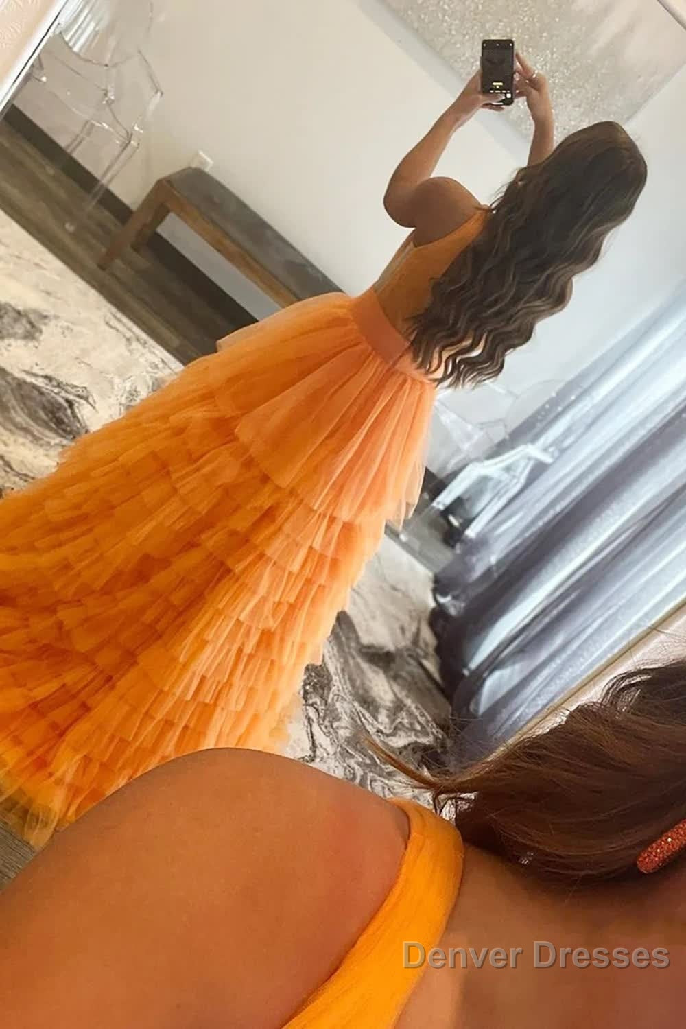 Orange Deep V-Neck Tiered Prom Dress Secondary image