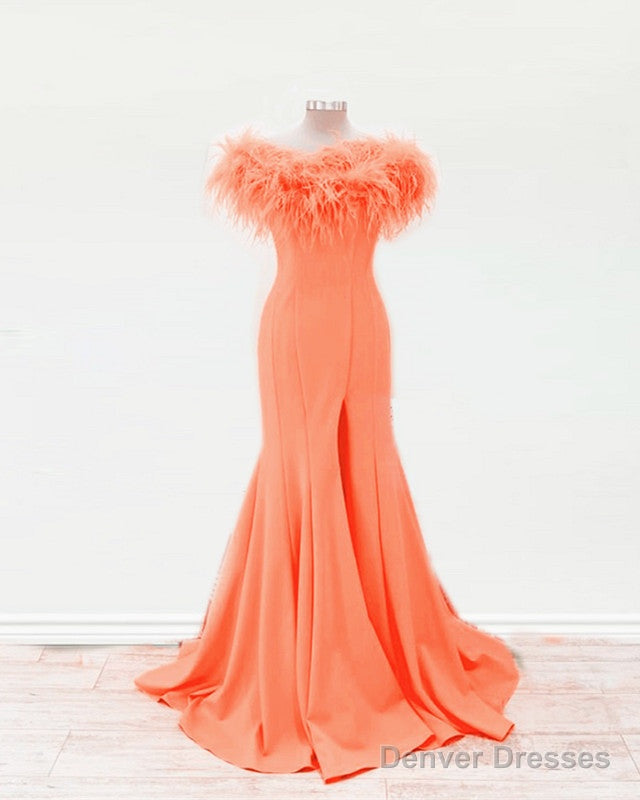 Orange Feather Mermaid Split Prom Dresses Main image
