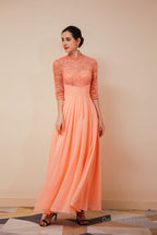 Lace Chiffon Long Zipper Back Mother of the Bride Dresses With Sleeves