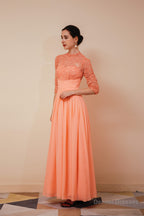 Lace Chiffon Long Zipper Back Mother of the Bride Dresses With Sleeves