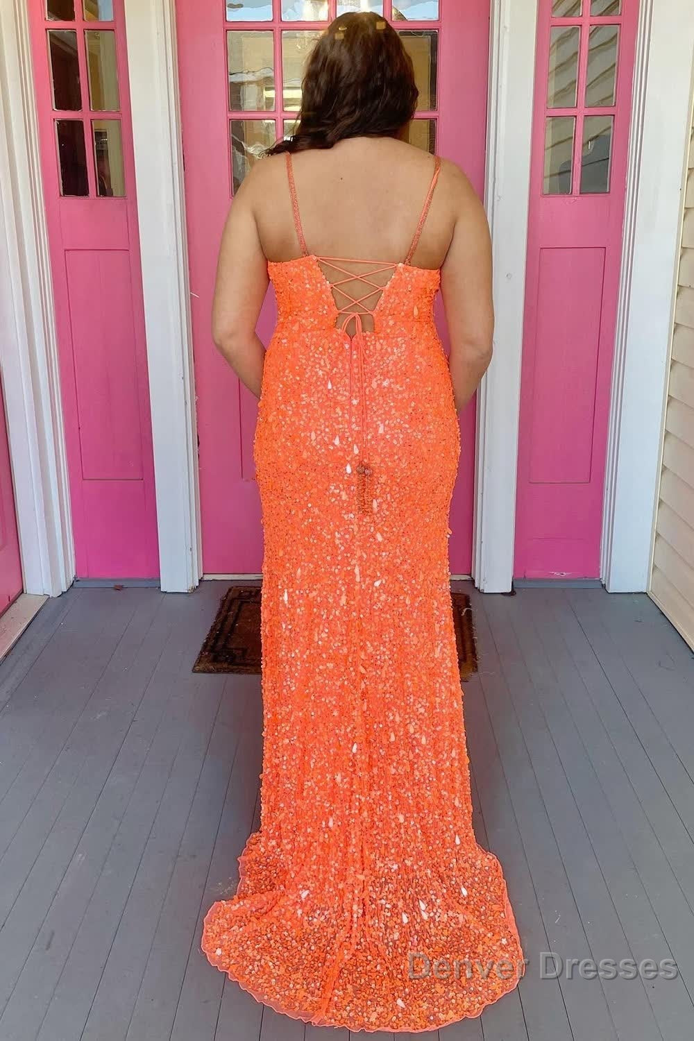 Orange Lace-Up Sequins Prom Dress with Slit Secondary image