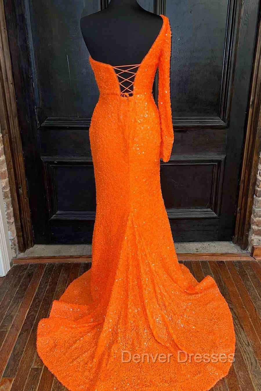 Orange Long Sleeve Sequined Prom Dress With Slit Secondary image