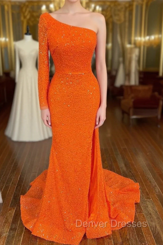Orange Long Sleeve Sequined Prom Dress With Slit Main image