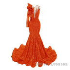 Orange Mermaid One Sleeve Prom Dress Sequined Lace Jewel Ruffles Evening Party Dress with Appliques