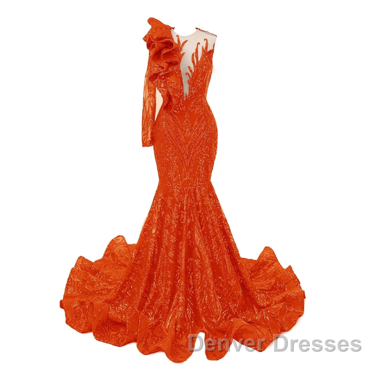 Orange Mermaid One Sleeve Prom Dress Sequined Lace Jewel Ruffles Evening Party Dress with Appliques