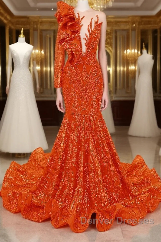 Orange Mermaid One Sleeve Prom Dress Sequined Lace Jewel Ruffles Evening Party Dress with Appliques Main image