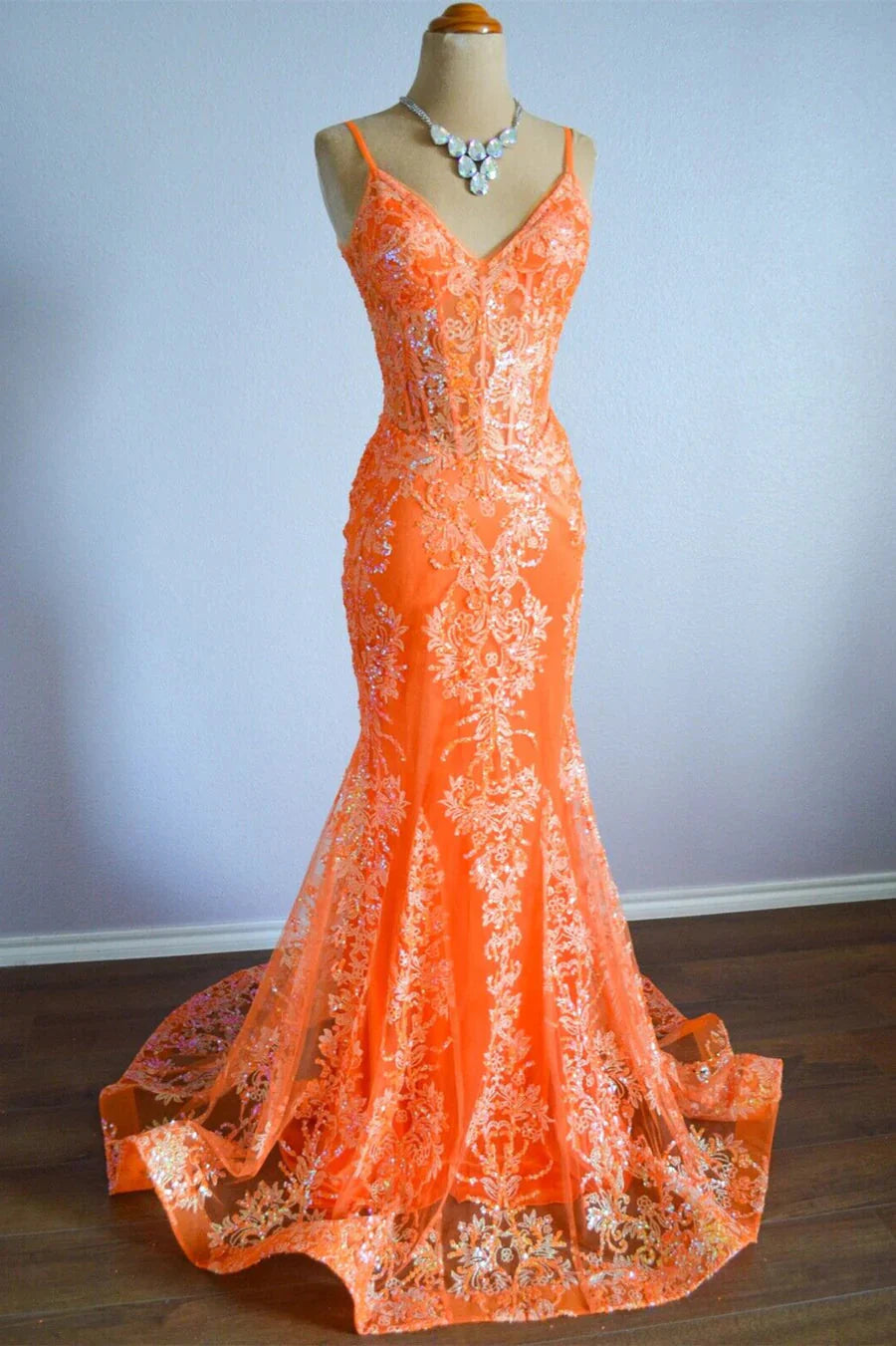 Orange Mermaid Spaghetti Straps Sequins Applique Long Formal Dress Secondary image