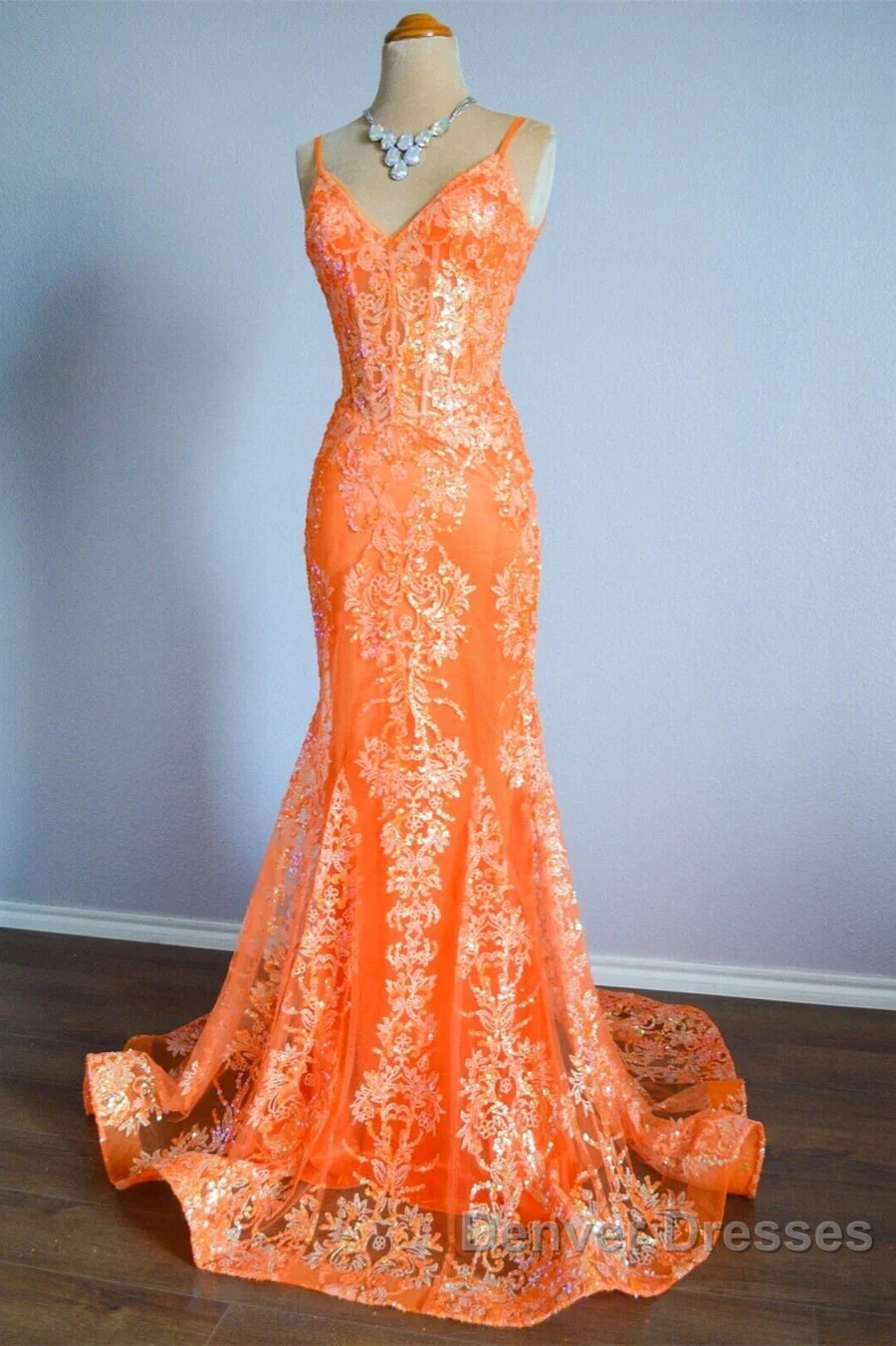 Orange Mermaid Spaghetti Straps Sequins Applique Long Prom Dress Tulle Evening Dress Secondary image