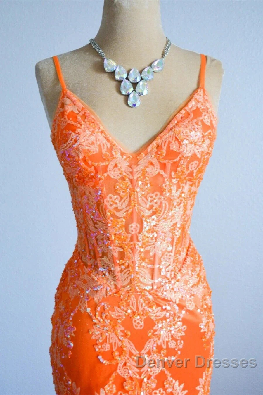 Orange Mermaid Spaghetti Straps Sequins Applique Long Prom Dress Tulle Evening Dress