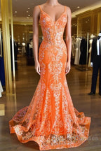 Orange Mermaid Spaghetti Straps Sequins Applique Long Prom Dress Tulle Evening Dress