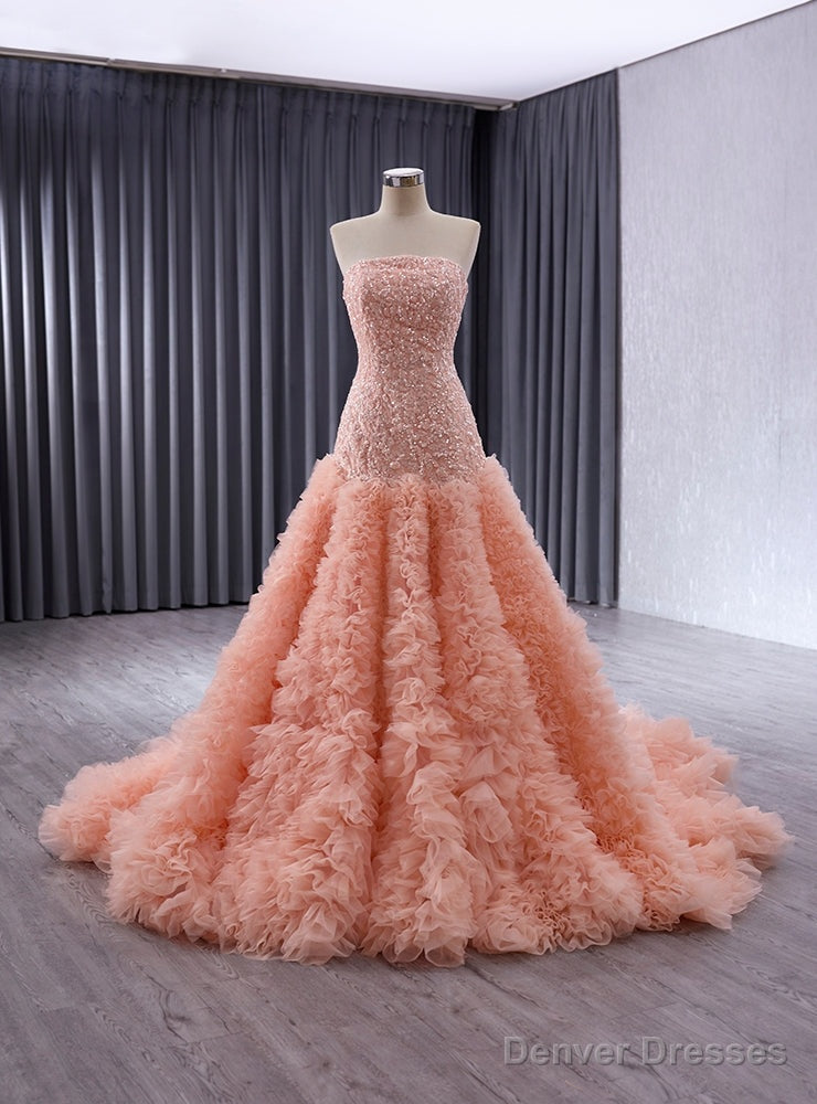 Orange Pink Strapless Tiers Ruffles Sequins Prom Dress Main image