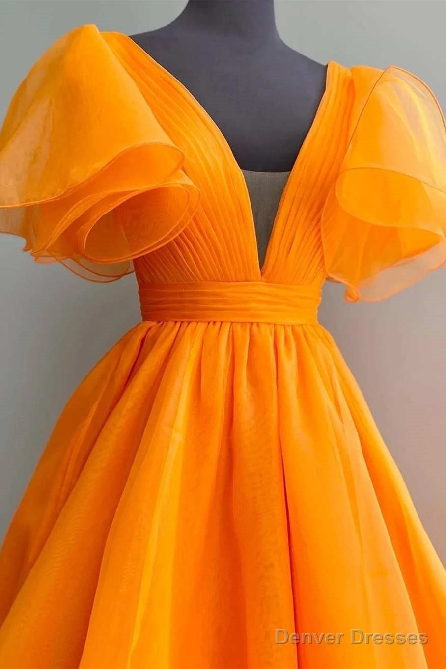 Orange Plunge V Ruffled Sleeve A-Line Long Formal Dress Secondary image