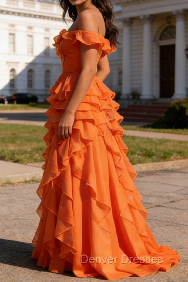 Orange Ruffled A-Line Square Neck Long Prom Dress