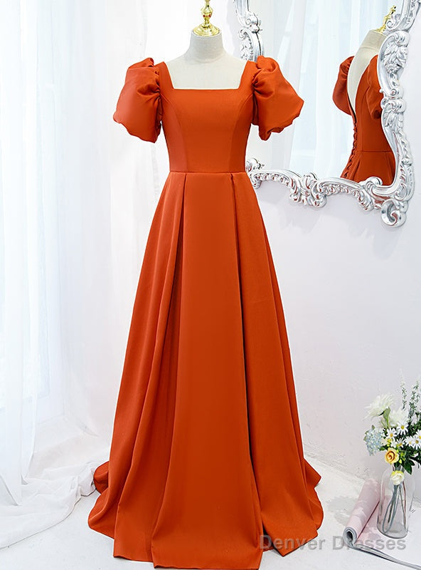 Orange Satin Short Sleeve Square Prom Dress