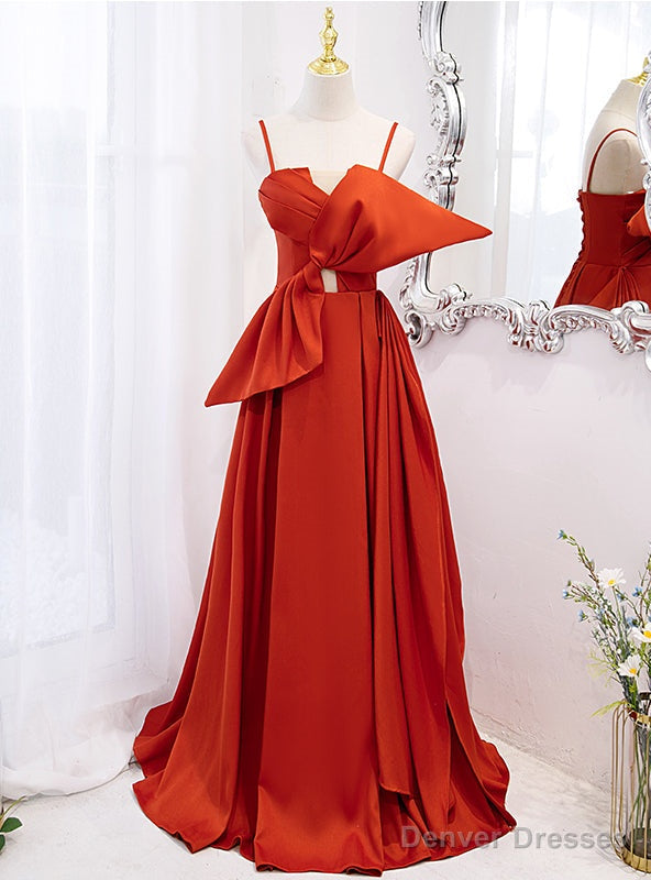 Orange Satin Spaghetti Straps Bow Prom Dress Main image