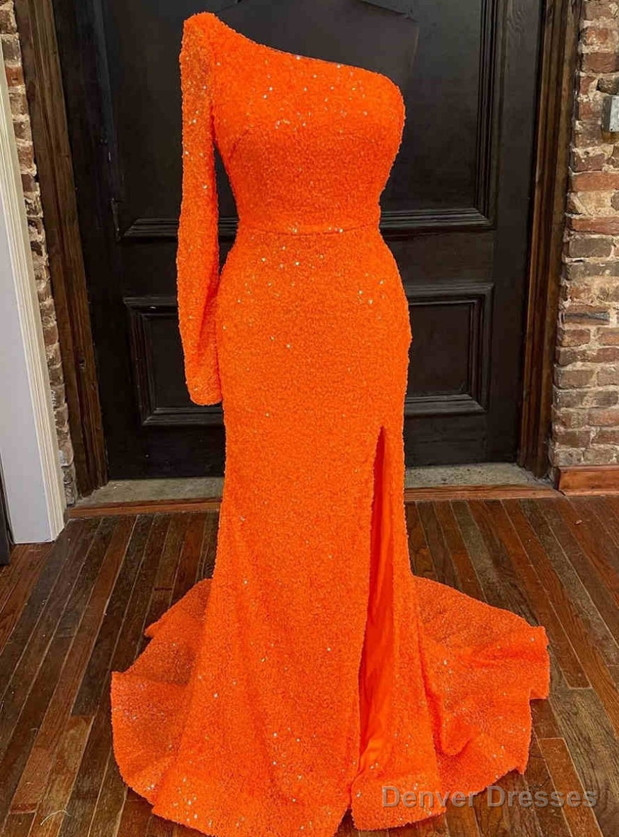Orange Sequins Long Sleeve Split Prom Dress Main image