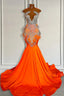 Orange Sleeveless Illusion Mermaid Prom Dresses With Beadings And Feather