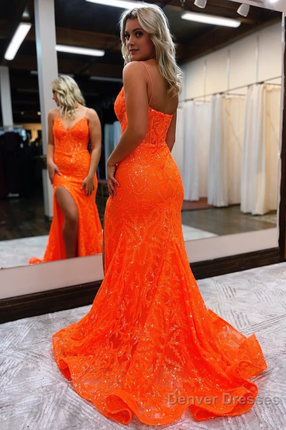 Orange Spaghetti Straps Mermaid Prom Dress Secondary image