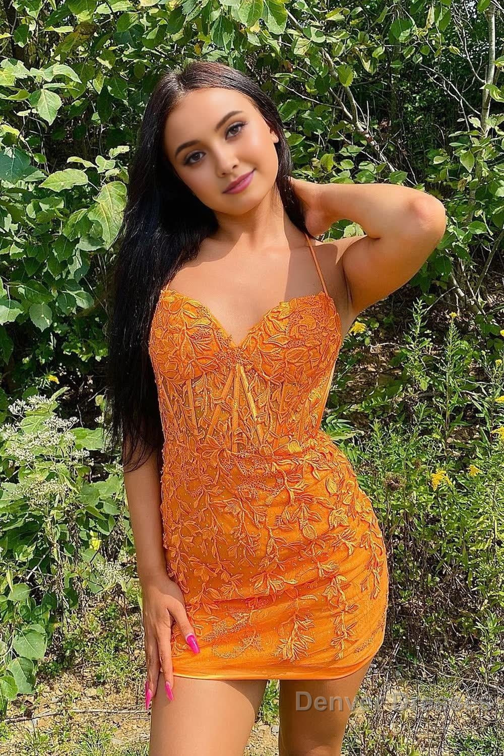 Orange Spaghetti Straps Tight Short Homecoming Dress with Appliques Secondary image
