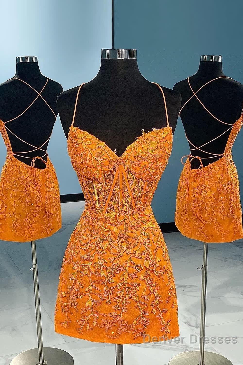 Orange Spaghetti Straps Tight Short Homecoming Dress with Appliques Main image